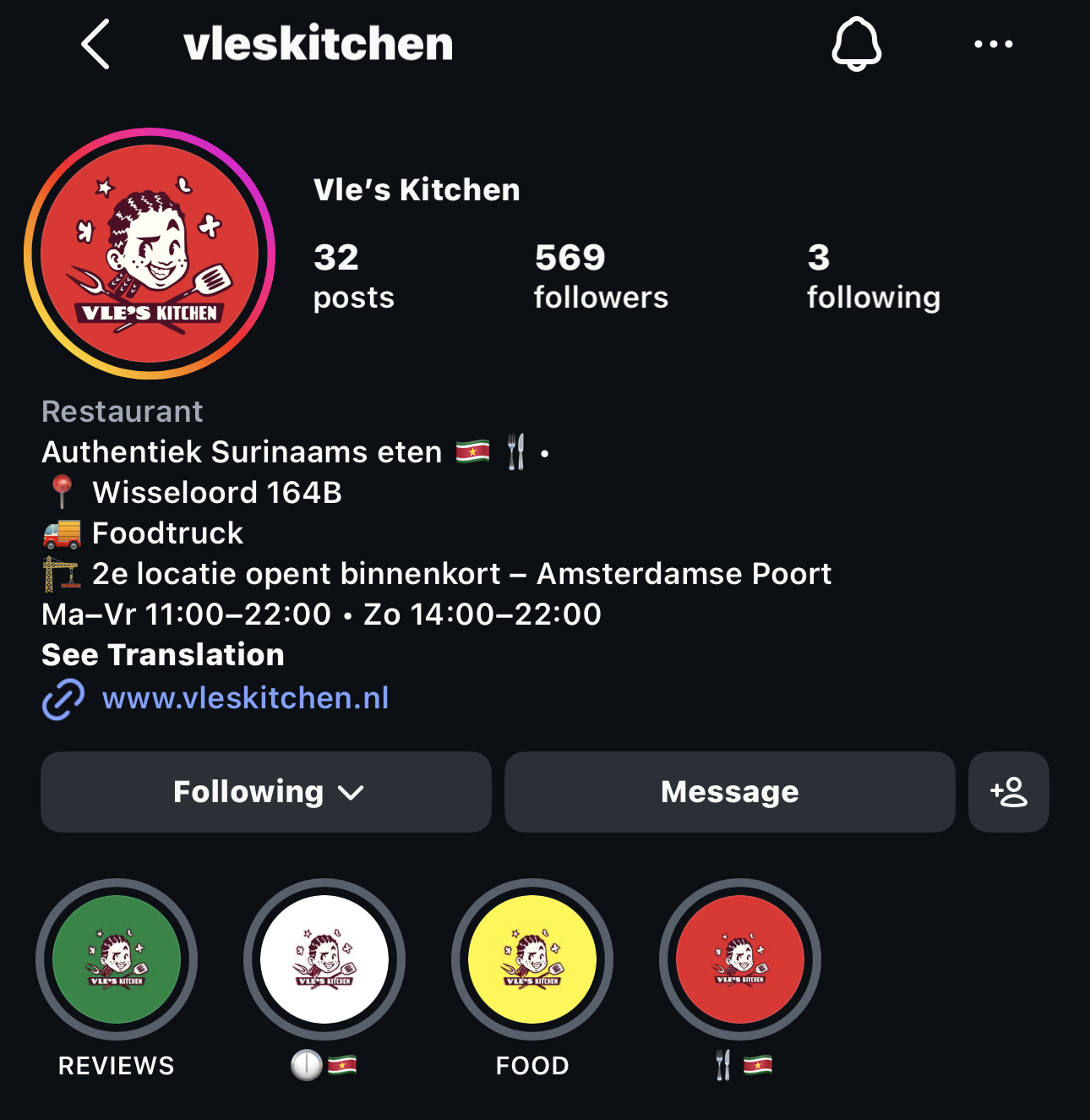 Instagram-profiel Vle's Kitchen na het traject
